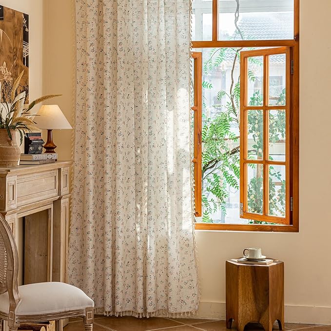 OYX Boho Floral Curtains 63 Inch Length 2 Panels for Living Room, Bedroom Light Filtering Drapes, Farmhouse Vintage Country French Rustic Tassels Pattern Rod Pocket Aesthetic Decor Window Treatments