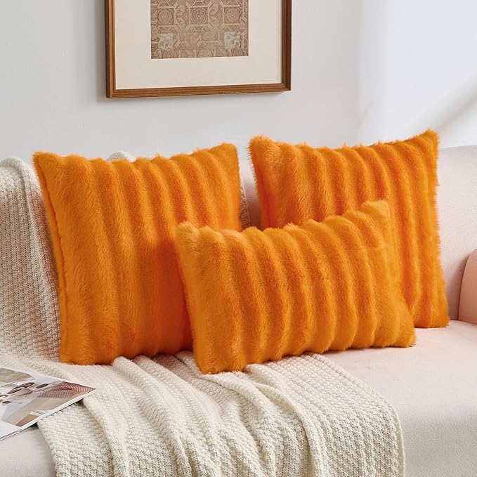FUTEI Orange Decorative Throw Pillow Covers 16x16 Inch Set of 2,Soft Fluffy Faux Rabbit Fur Dyeing Striped Textured Cushion Case,Modern Home Decor for Couch Bed Living Room