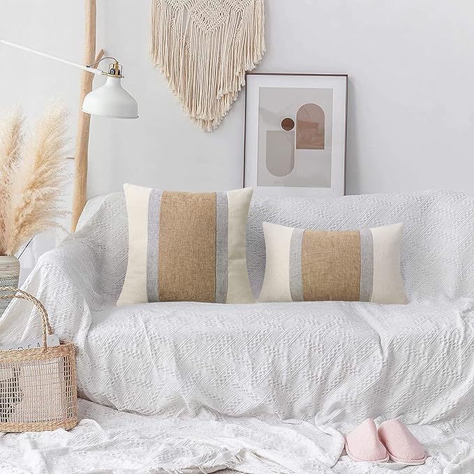 Pyonic Pack of 2 Boho Pillow Covers Farmhouse Decorative Square Pillowcases for Couch Sofa Living Room Outdoor Decor,Cream White and Grey,18 x 18-Inch