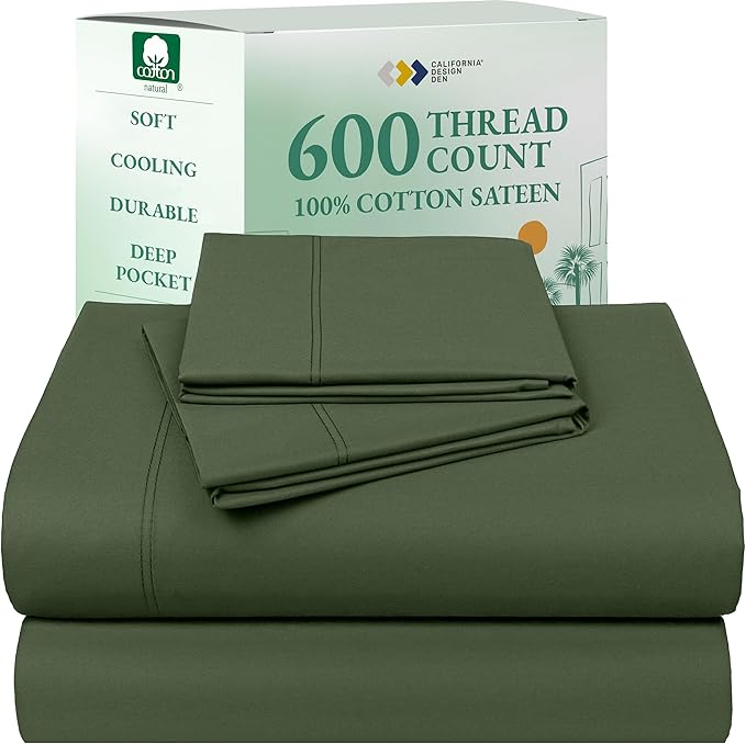 California Design Den California King Sheets Deep Pockets Set - Luxury 600 Thread Count 100% Cotton Sateen, California King Sheet Set, Hotel-Quality Bedding - Olive Green