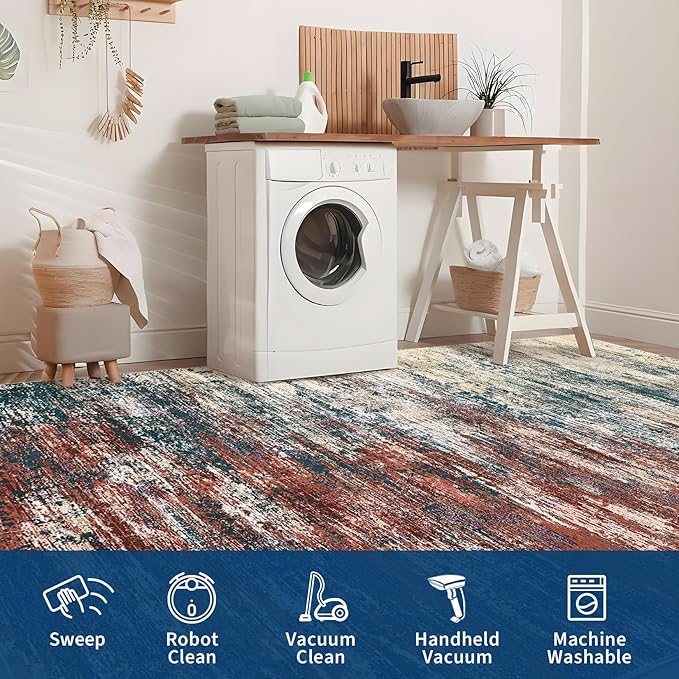 Modern Abstract Living Room Rug 8x10, Washable Area Rugs for Bedroom, Stain Resistant Non Slip Large Rug, Soft Indoor Carpet for Dining Room Table Home Decor, Red/Multi