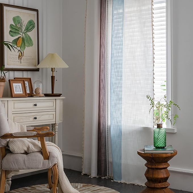 Sutuo Home Boho Curtains 63 inches for Kitchen Bedroom, Semi Blackout Linen Farmhouse Tassels Window Treatment Bohemian Embroidery Drape, Rod Pocket 1 Panel 52" W x 63" L, Brown Blue Striped Linen