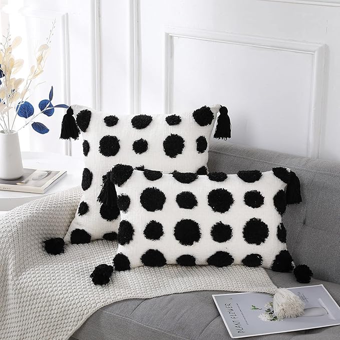 PANOD Super Soft Farmhouse Decorative Plush Throw Pillow Covers 20 x 20 Black,Solid Pom pom Tufted with Tassels Modern Accent Boho Square Cushion Cover Pillow Case for Couch Sofa