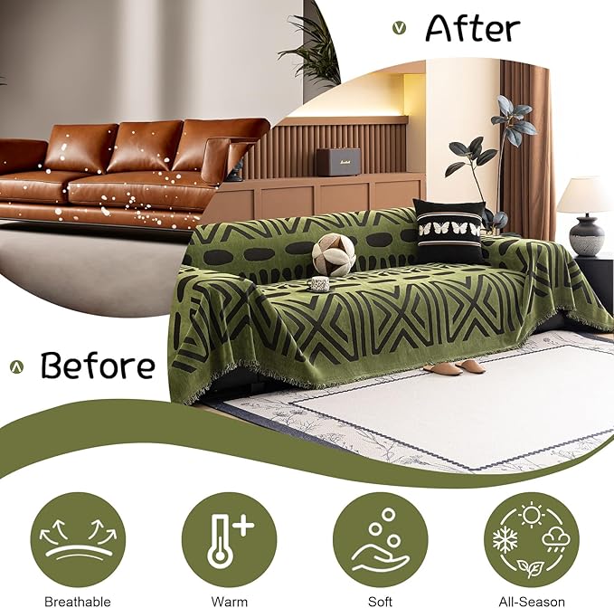 VClife Couch Cover Boho, Black and Green Geometry Sofa Cover for 2 Cushion Couch Sofa Living Room Sofa Cover for Various Sofa, Washable Couch Cover for Dog Loveseat Cover with Tassel, 71x118