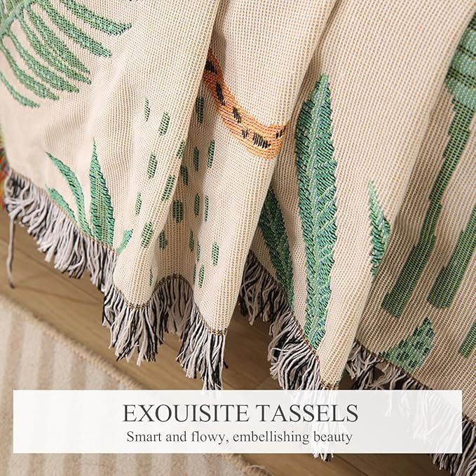 Double-Sided Cotton Woven Throw Blanket with Tassel Jungle Bohemian Style Tapestry Shawl Multi-Function Decorative Throws for Sofa Bed Armchair Camping Blanket Tablecloth Carpet 160x130cm