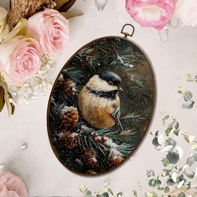 JQF Vintage Winter Chickadees Oval Wall Decor, Christmas Bird Chickadees Oval Canvas Wall Art, Rustic Christmas Pine Cones Framed Prints Hanging Decor for Home Living Room Bedroom, 8.5x11.5 Inch
