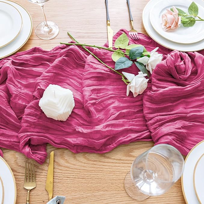 Wokceer Cheesecloth Table Runner 2Pack 10FT Deep Pink Boho Gauze Cheese Cloth Table Runner for Party Long Rustic Sheer Table Runners for Baby Bridal Shower Wedding Easter Table Decor