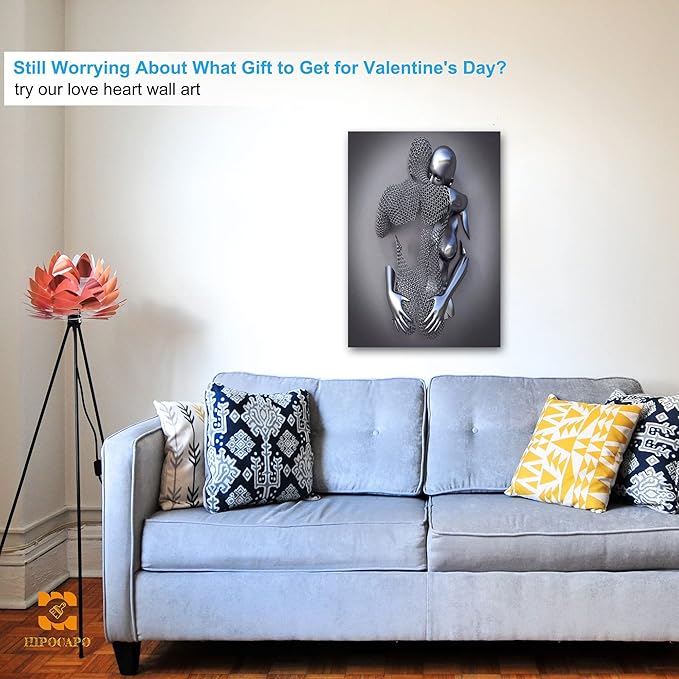 3D Metal Effect Wall Art - 3D Metal Art Wall, Silver Modern Abstract Hug Lovers Painting Picture Poster Prints for Bathroom, Romantic Couple Living Room Canvas Wall Art Framed 28”x40”x1Pcs
