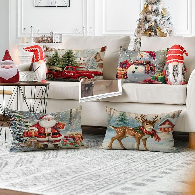 Neatee Living Christmas Pillow Covers 12x20 Set of 4 Farmhouse Xmas Vintage Throw Pillows Christmas Tree Deer Snowman Pillow Cases Outdoor Sofa Couch Cushion Covers for Home Decorations (12 by 20)
