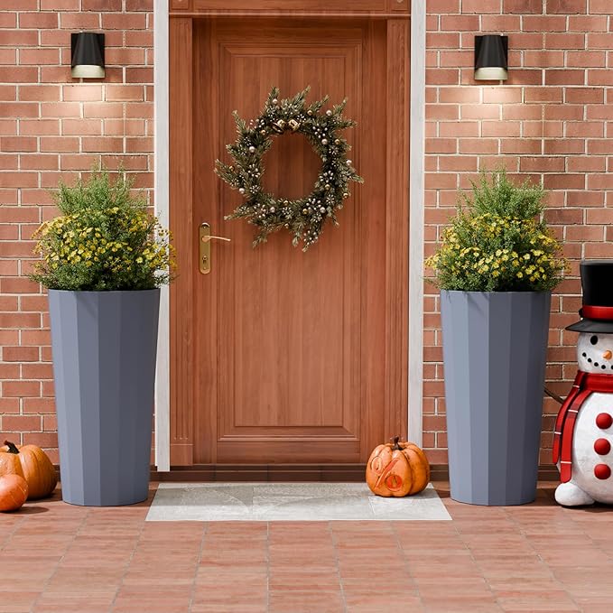 2PCS Tall Planters for Outdoor Plants, 23.6 Inches Large Outdoor Conical Flower Pots for Porch with Drainage Holes and Drainage Baffle, Tapered Large Planters for Garden, Balcony Use, Grey
