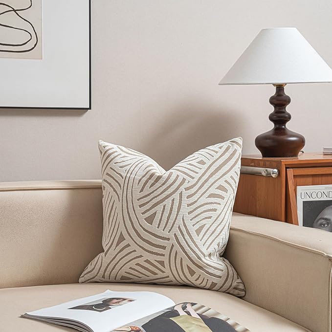 2025 New 18x18'' inches Throw Pillow Cushion Covers - Paradise Beige Color Chenille Jacquard Embroidery Luxury Modern Style Couch Sofa Bed Pillow Cover for Living Room Bedroom