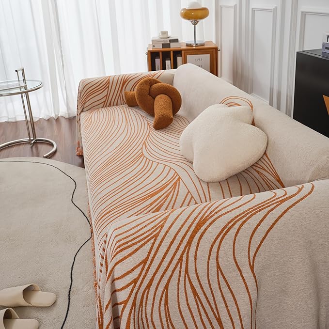 VClife Large Sofa Cover Chenille Couch Cover for 2 Cushion Couch Sofa, Modern Beige Caramel Striped Couch Covers for Kids Washable Sectional Sofa Protector with Tassel 71"X118"