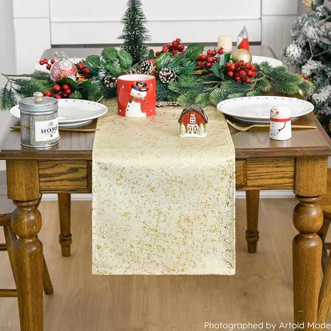 Artoid Mode Beige Dutch Fleece Table Runner, Glitter Metallic Foil Holiday Kitchen Dining Table Decoration for Home Party Decor 13x108 Inch