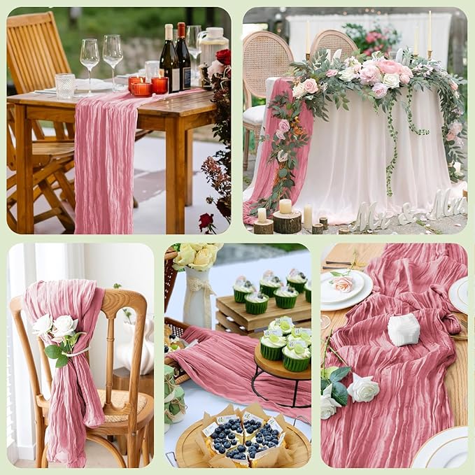 Wokceer Cheesecloth Table Runner 3Pack 10FT Dusty Rose Boho Gauze Cheese Cloth Table Runner for Party Long Rustic Sheer Table Runners for Baby Bridal Shower Wedding Easter Table Decor