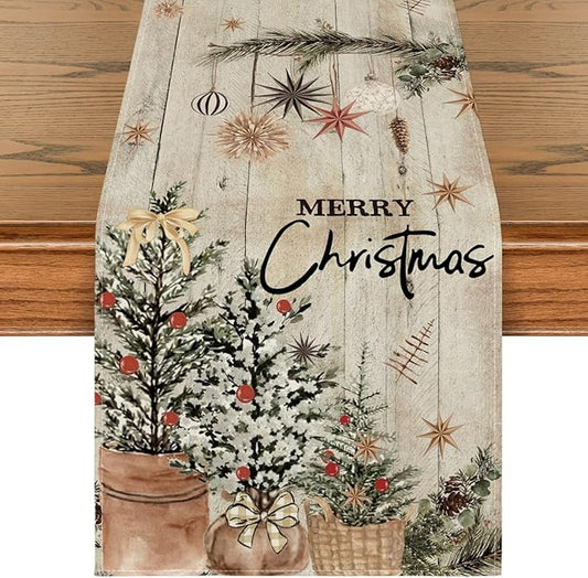Artoid Mode Xmas Trees Holly Pine Cone Christmas Table Runner, Seasonal Winter Wood Kitchen Dining Table Decoration for Home Party Decor 13x108 Inch