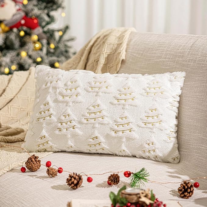 AQOTHES Christmas Tree Decorative White Throw Pillow Covers 12x20 Set of 2, Faux Fur Farmhouse Throw Pillows Cushion Cases for Xmas Winter Holiday Home Decor