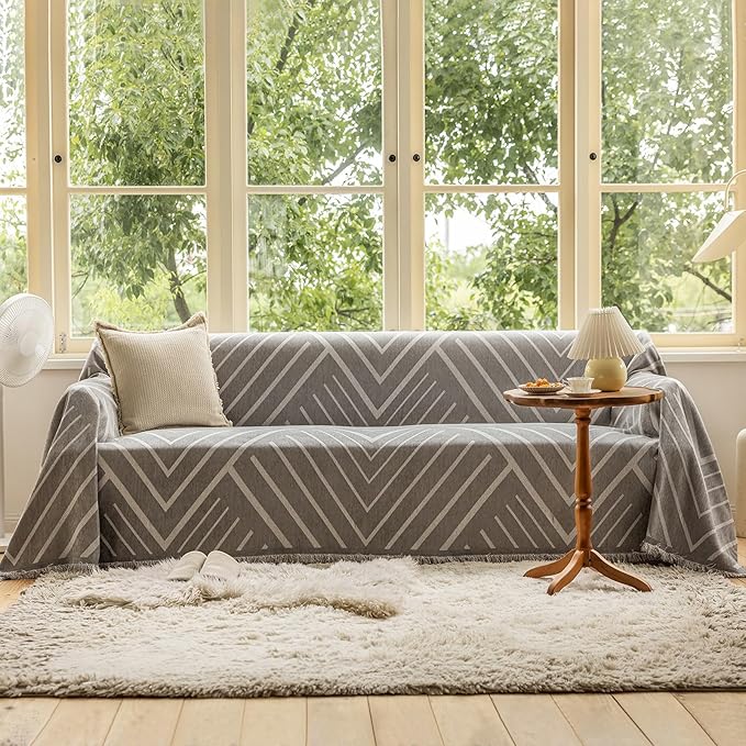 VClife Boho Farmhouse Couch Cover 71''x118'', 1 pc Washable Sofa Covers for 2 Cushion Couch Sofa Kids Soft Chenille Gray White Herringbone Home Decor Couch Covers for Bed Sofa Living Room Slipcover