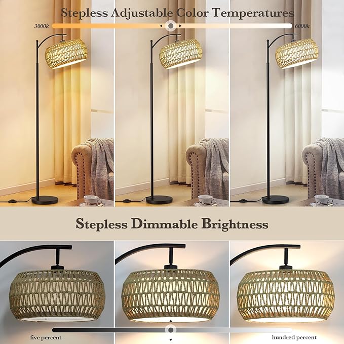 Arc Floor Lamps with Remote Control and Stepless Dimmable Color Temperature and Brightness Rattan Floor Lamps with Rattan and Cloth Dual Lampshade Standing Lamp for Living Room Bedroom, Black