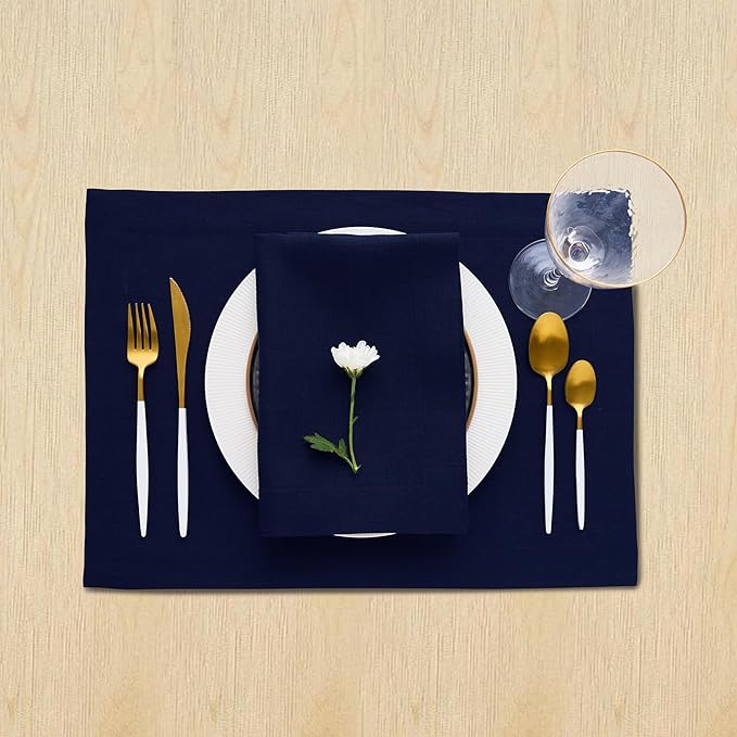Solino Home Linen Navy Blue Placemats Set of 4 - 100% Pure Linen Placemats 14 x 19 Inch for Christmas, Winter, New Year - Fete