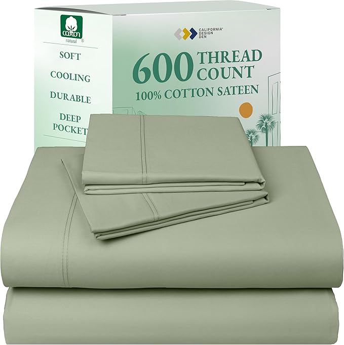 California Design Den Hotel Quality Full Size Sheets Set - Luxury 600 Thread Count Sateen, Natural 100% Cotton Bed Sheets, Fully Elasticized Deep Pockets, Crisp, Cool and Durable - Laurel Green