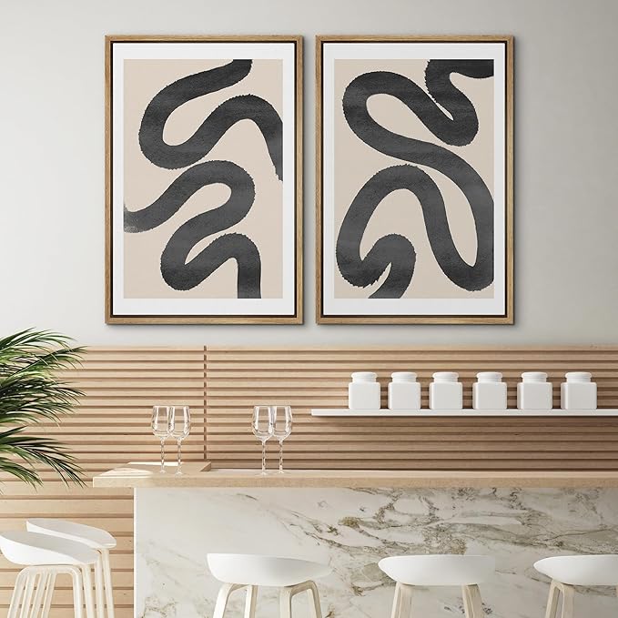 SIGNWIN Framed Wall Art Print Set Black Squiggly Lines Over Tan Background Abstract Swirly Digital Art Modern Art Mid-Century Modern Expressive for Living Room, Bedroom, Office - 16"x24"x2 Panels