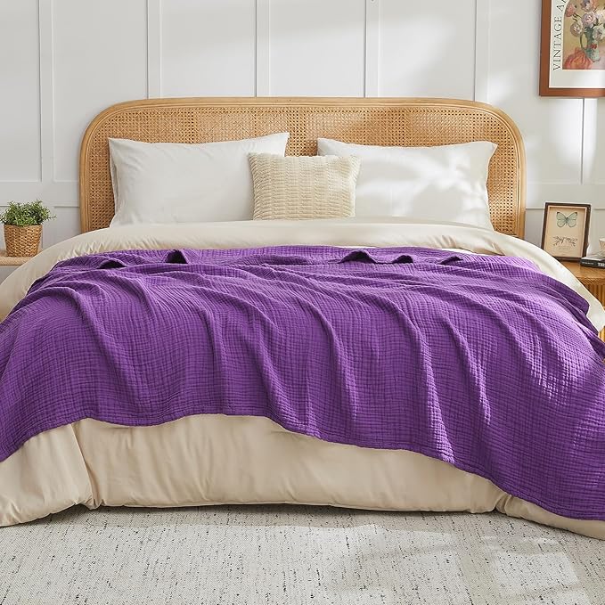 EMME Cotton Muslin Twin XL Blanket Breathable Gauze Blanket Soft Lightweight Blankets Adults Gifts for Women (Purple, 66"x90")