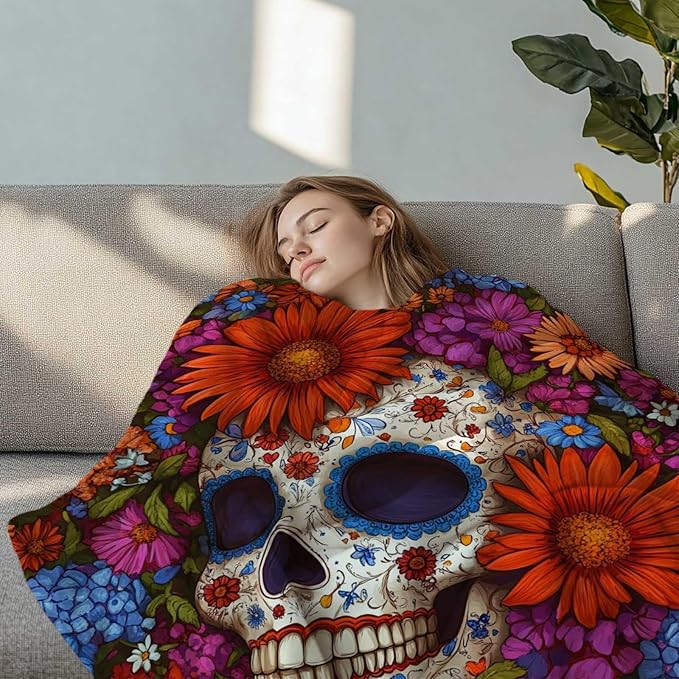 Sugar Skull Throw Blanket, Gift for Women and Men, Day of Dead Theme, Lightweight Fleece for Halloween Home Decor, Couch and Chair, 40x50 Inches