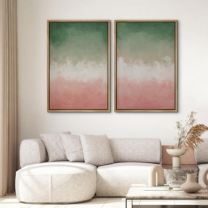 SIGNWIN Framed Canvas Print Wall Art Set Green and Pink Ombre Abstract Contemporary Gradient Modern Art Minimal Boho Relax/Calm for Living Room, Bedroom, Office - 16"x24"x2 Natural