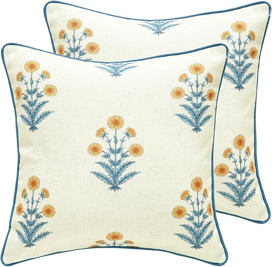 ISAENNE Design Square Simple Elegant Linen Throw Pillow Covers 18"x18" Pack of 2, Blue Yellow Floral Pattern Cushion Covers Decor Pillowcases for Bed,Living Room,Outdoor,Car