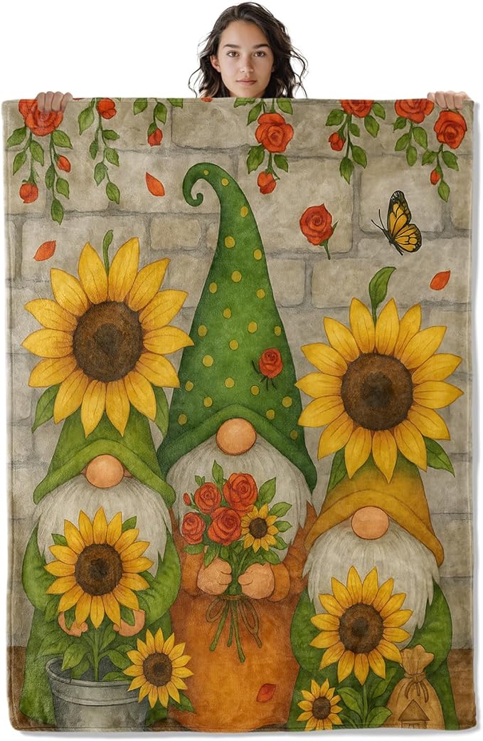 Whimsical Gnome Blanket, Sunflower Garden 80 x 60 Inch Flannel Throw Blanket, Gifts for Women Kids, Lightweight Cozy Warm Blankets for Sofa Travel Home Decor