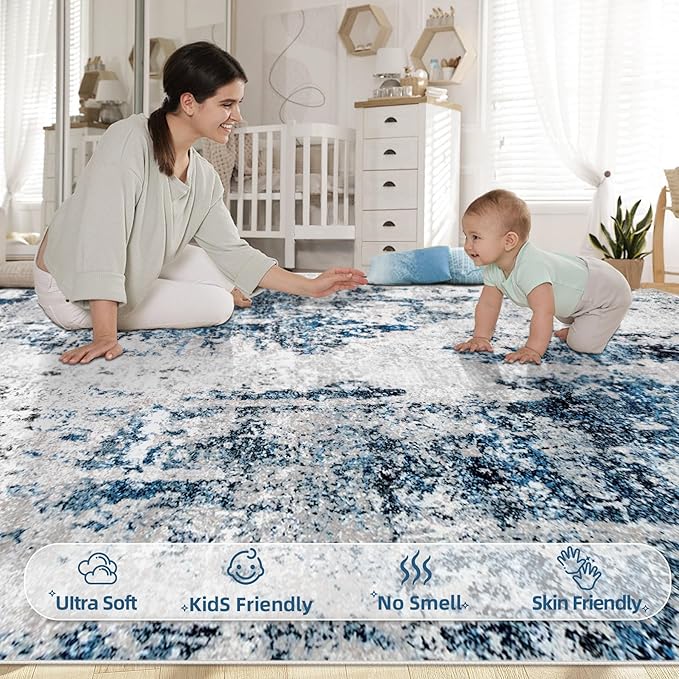 Living Room Rug 10x14 Rug, Machine Washable Modern Abstract Rug Soft Neutral Area Rug Non-Slip Stain Resistant Large Rugs for Living Room Dining Room Bedroom Dorm Office(Grey Blue,10'x14')