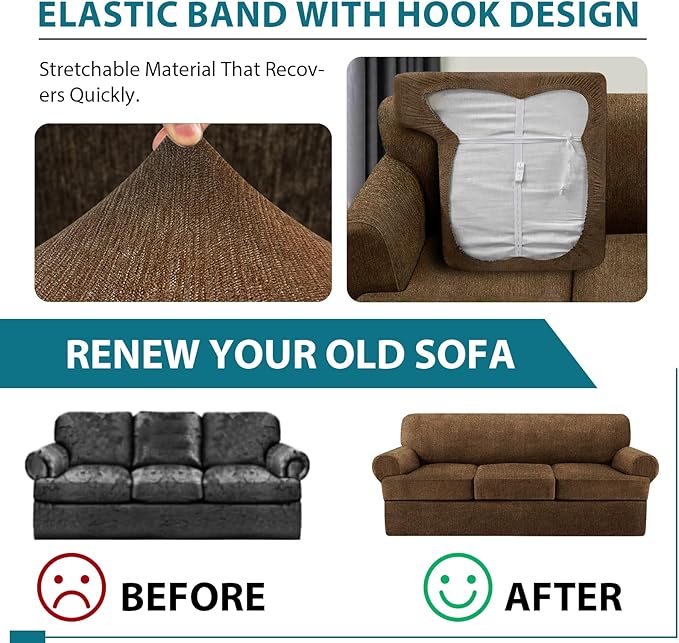 4 Piece T Cushion Sofa Slipcovers Stretch Couch Cover Furniture Covers with 3 Individual T Cushion Covers, Machine Washable for Living Room (Chocolate, 3 Cushions)