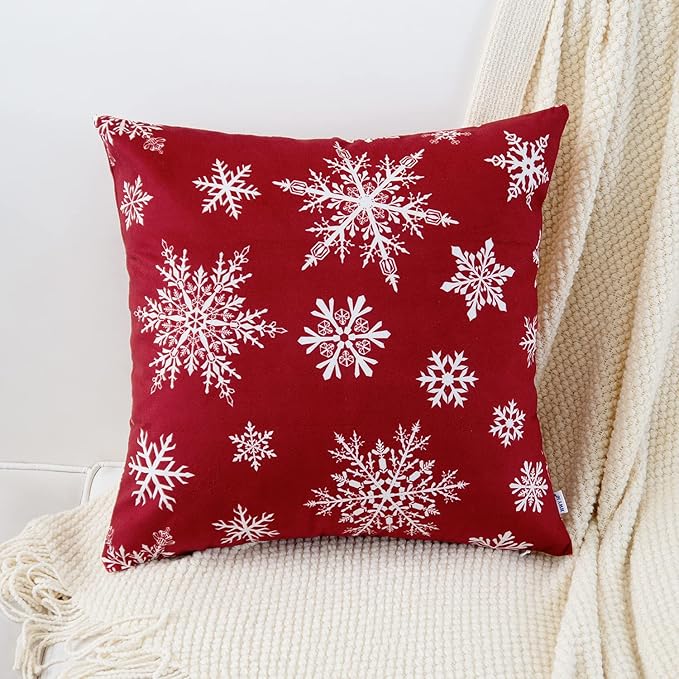 HWY 50 Red Decorative Throw Pillow Covers 16x16 Inch for Couch Sofa Living Room Bed, Soft Christmas Big and Small Snowflakes Print Throw Pillows Cases Cushion Cover Pack of 2
