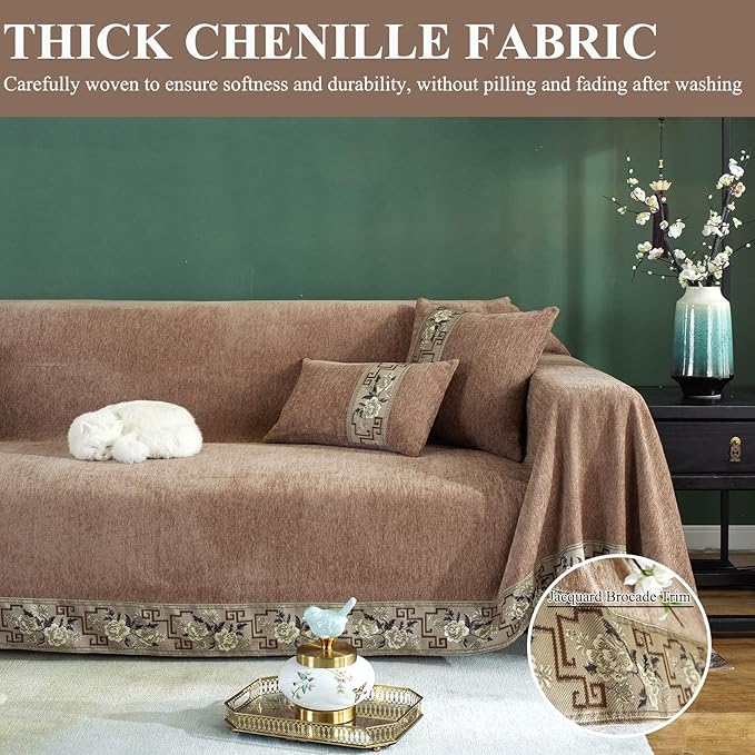 DREAMINGO Sofa Covers for 3 Cushion Couch Sofa Universal Furniture Protector Chenille Couch Cover for Dogs Cats Solid Luxury Jacquard Edge Couch Covers Sectional L Shaped (XX-Large, Brown)