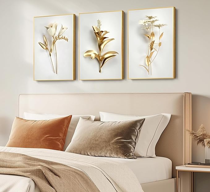 3Pcs Abstract Golden Flower Canvas Wall Art Modern Luxury Minimalism Nordic Floral Plant Painting Picture Wall Decor Poster Print Artwork for Living Room Bedroom Home Decoration Unframed