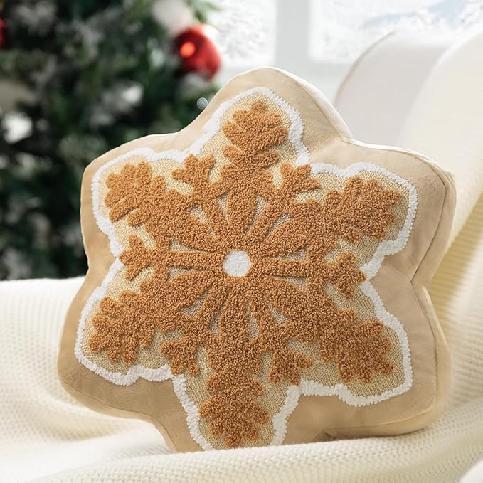 Phantoscope Merry Christmas Snowflake Shaped Throw Pillow, Velvet Xmas Embroidered Snowflake Pillow Decorative Christmas Cushion Pillow for Couch Living Room Bed, Beige, 16 x 16 inches