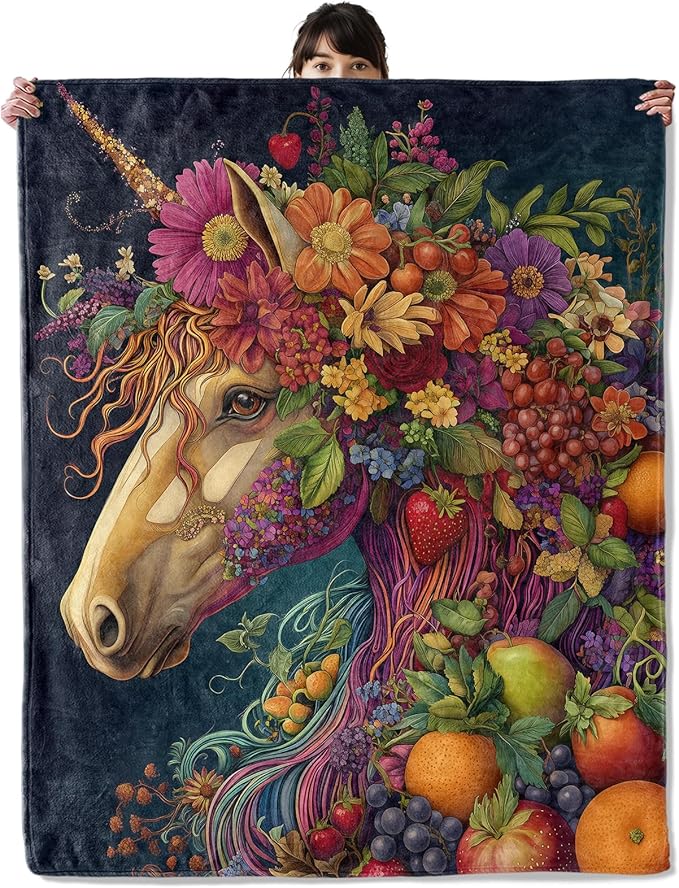 Fantasy Unicorn Floral Fruit Blanket, Cozy Flannel Throw Blanket, Soft Fuzzy Blankets for Travel Home Decor, All Season Lightweight Couch Bed Cover, Gifts for Women Adults Kids 40"×50"
