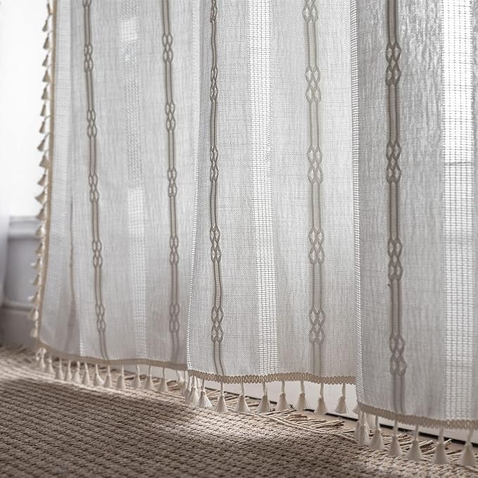 Sutuo Home Boho Curtains 96 Inches Long for Bedroom Living Room, Hollow Stripes Bohemian Embroidery Drape Light Filtering Cream Vintage Shabby Chic Tassels Window Treatment 1 Panel 52"W x 96"L,White