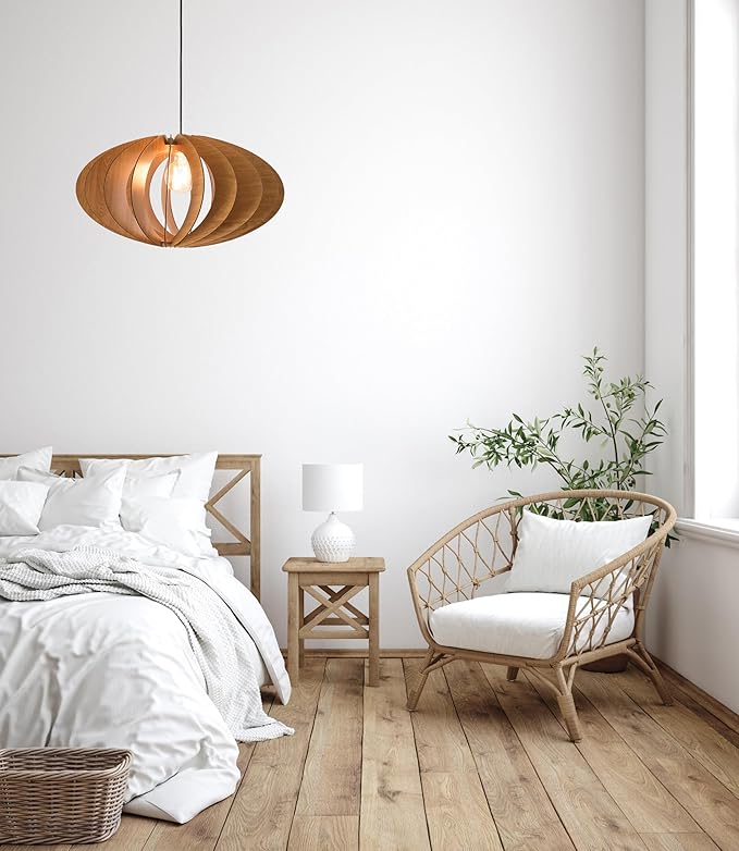 DEZAART Wooden Pendant Light – Handmade Mid-Century Style Fixture / 1m Cord / E27 / Warm Lighting for Earthy Bedrooms, Modern Dining, or Cozy Home Interiors