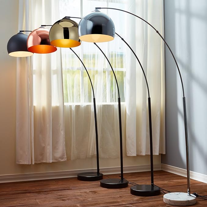 Teamson Home Arquer 68.1" Arc Floor Lamp for Living Rooms, Home Offices, Dining Rooms, Bedrooms with Faux White Marble Base and Chrome Bell Shade