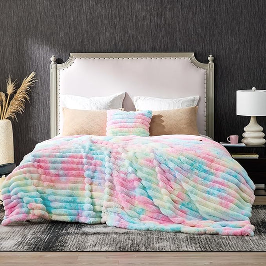 Cozy Bliss Faux Fur Throw Blanket for Couch, Cozy Warm Plush Striped Blanket for Sofa Bedroom Living Room, 108 * 90 Inches Tie-dye Rainbow