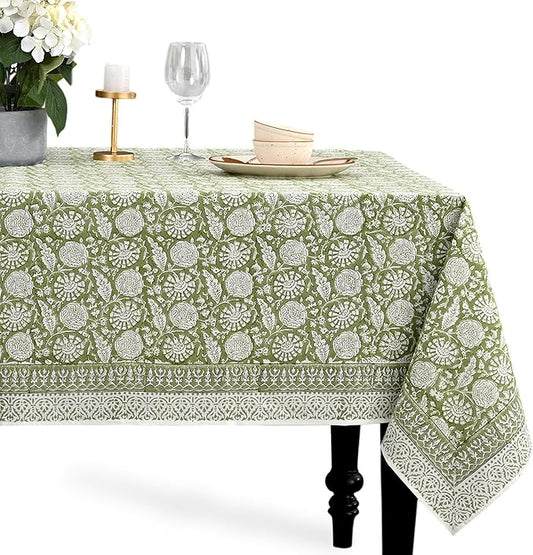 CPC Olive Bloom Tablecloth 100% Cotton 70x118 Inch Indian Block Print Rectangle Table Cover, Table Cloth for Gifting in Weddings, Halloween, Fall, Christmas, Thanksgiving