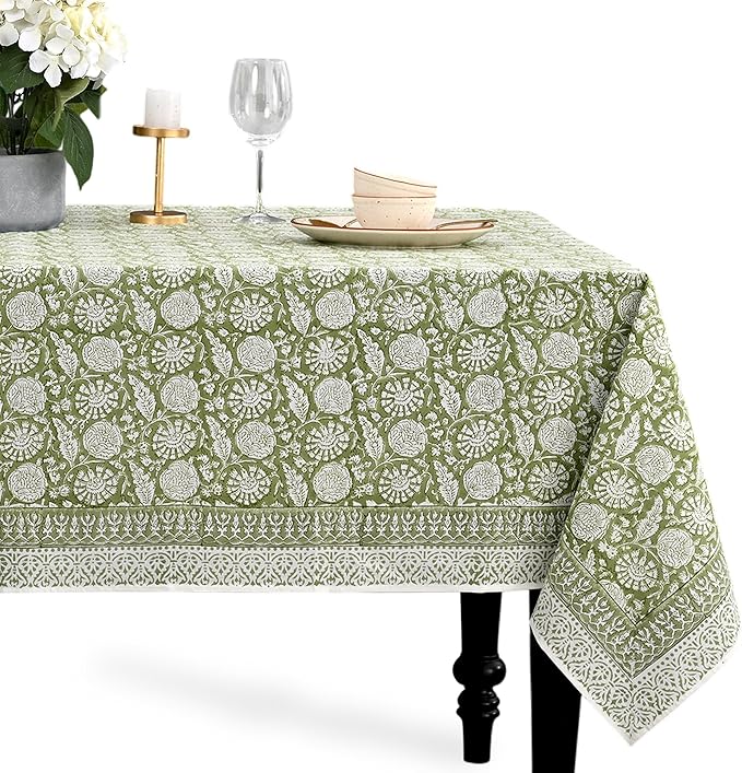 CPC Olive Bloom Tablecloth 100% Cotton 70x108 Inch Indian Block Print Rectangle Table Cover, Table Cloth for Gifting in Weddings, Halloween, Fall, Christmas, Thanksgiving