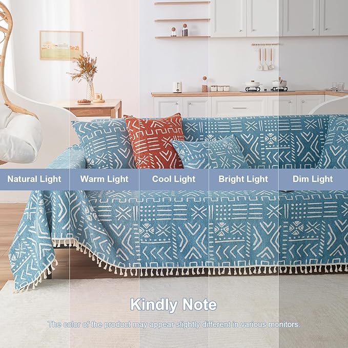 VClife Boho Blue White Couch Cover Plush Soft Chenille Couch Cover for 3-4 Cushion Couch Sofa, 1 PC Washable Breathable Bohemian Sofa Cover for Sectional Couch Thick Furniture Protector 71" x 150"