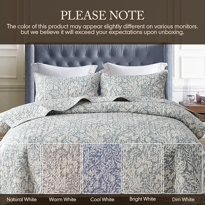 DURLENGEN Bluish Grey Botanical Quilt Set Queen Size 3Pcs, Bluish Grey Printed with Beige Leaves Pattern, All Season Lightweight Bedspread Coverlet Sets(Queen 90x96,Beige Botanical)