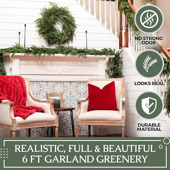 Mixed Norfolk Pine Garland with Evergreen, and Cedar Garland Artificial Realistic Greenery Branches for Decoration, Christmas Garland for Mantle, Premium Real Touch (6 Foot)