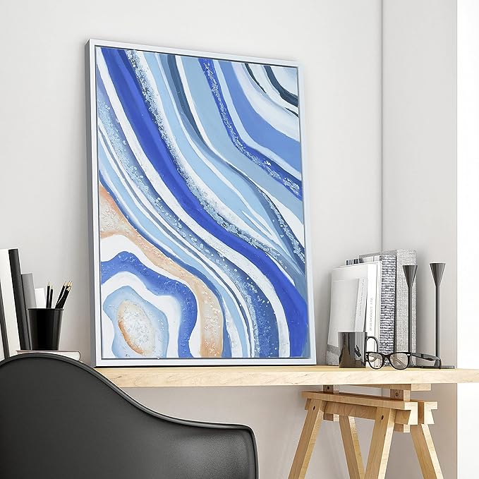 Empire Art Direct Abstract Wall Art Textured Hand Painted Canvas by Martin Edwards, White Frame, 40" x 30", Blue Elixer