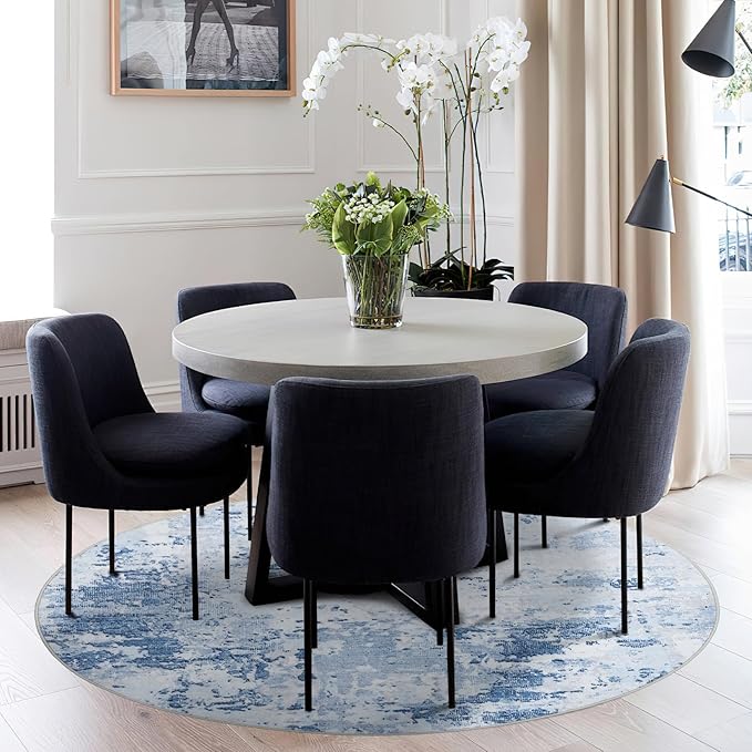Modern Abstract 6x6 Round Area Rug Non Slip Non Shedding Rug Low Pile Stain Resistant for Bedroom Living Room Office Dining Room,Light Blue