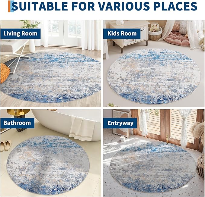 Modern Abstract 4x4 Round Area Rug Non Slip Non Shedding Rug Low Pile Stain Resistant for Bedroom Living Room Office Dining Room,Blue/Grey