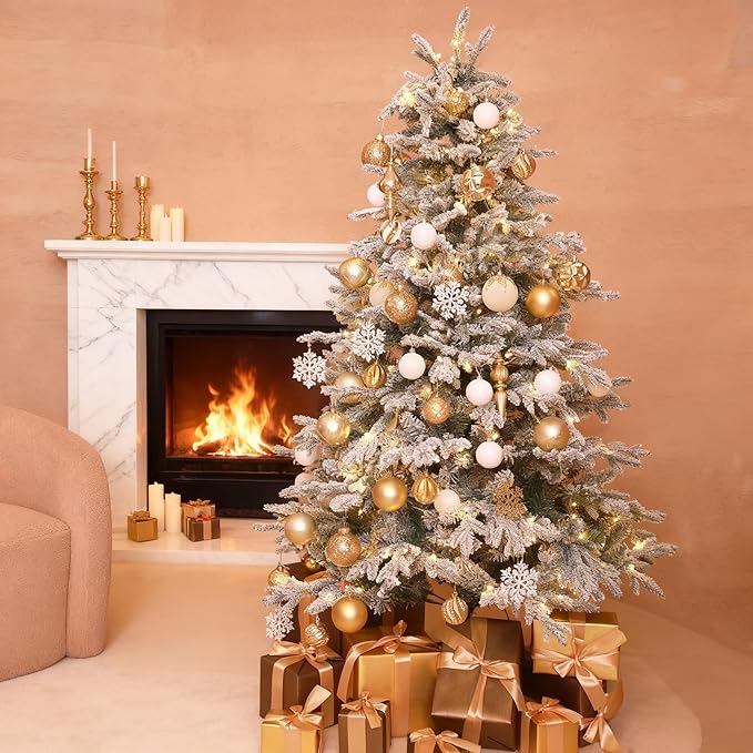 6ft Snow Flocked Prelit Christmas Tree Decorations with 200 Dual-Color LED Lights, Lighted Artificial White Xmas Tree for Indoor Decor,Mantel & Entryway with 1382 Tips, Metal Stand,Plug-in